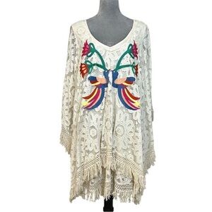 NWT Judith March Embroidered Bird Flower Lace Kimono Poncho Boho Beach Vacation